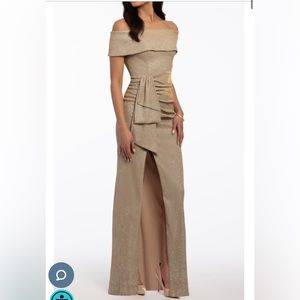 XSCAPE Metallic Off the Shoulder Dress with Side Cascade Gold